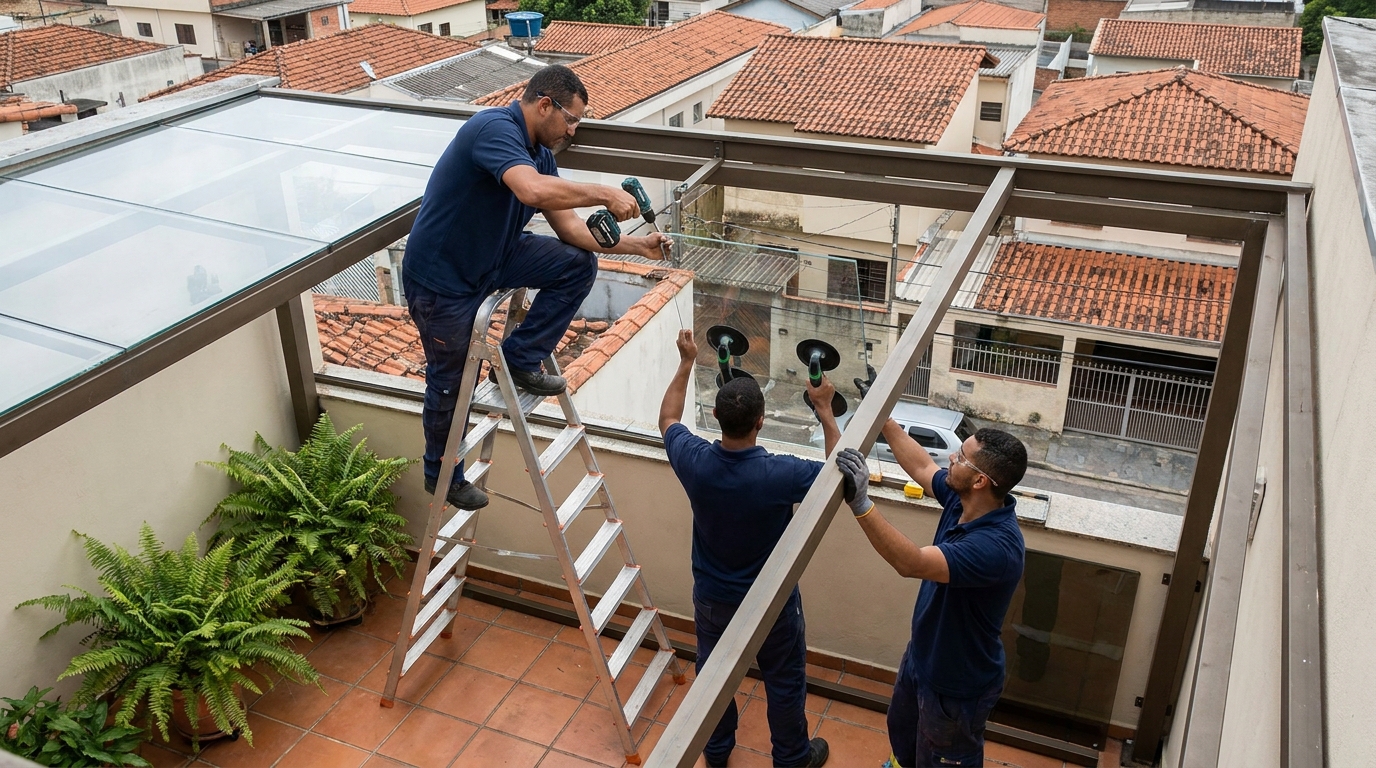 Cobertura de vidro em terraço com telhados em Bragança Paulista-SP