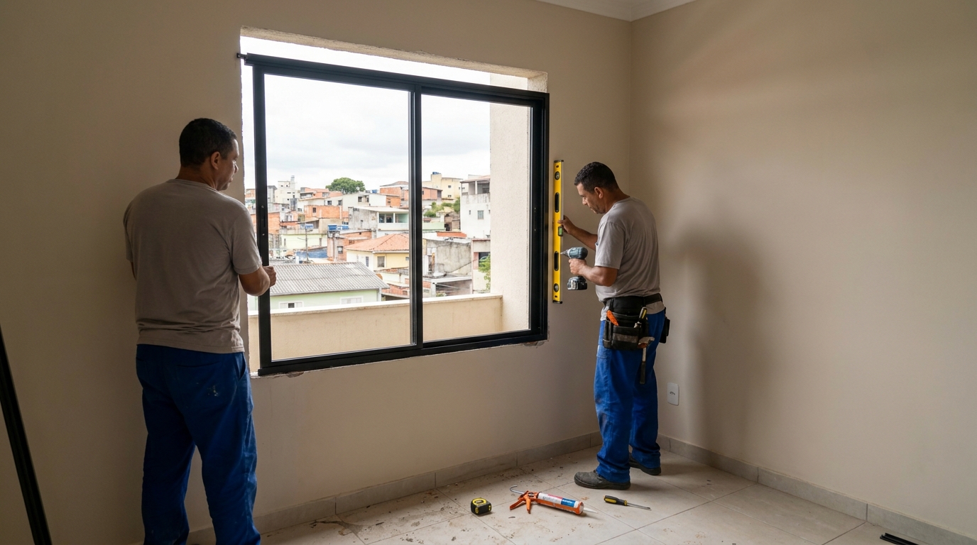Esquadria de alumínio em quarto bege em Bragança Paulista-SP