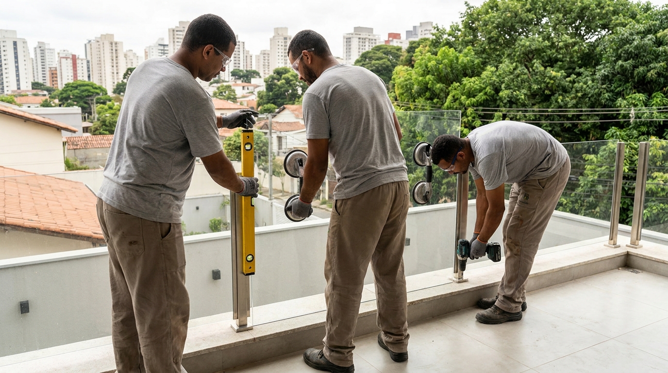 Guarda-corpo em terraço alto com vista cidade em Bragança Paulista-SP