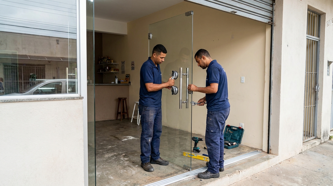 Dupla instalando porta de vidro em loja em Bragança Paulista-SP